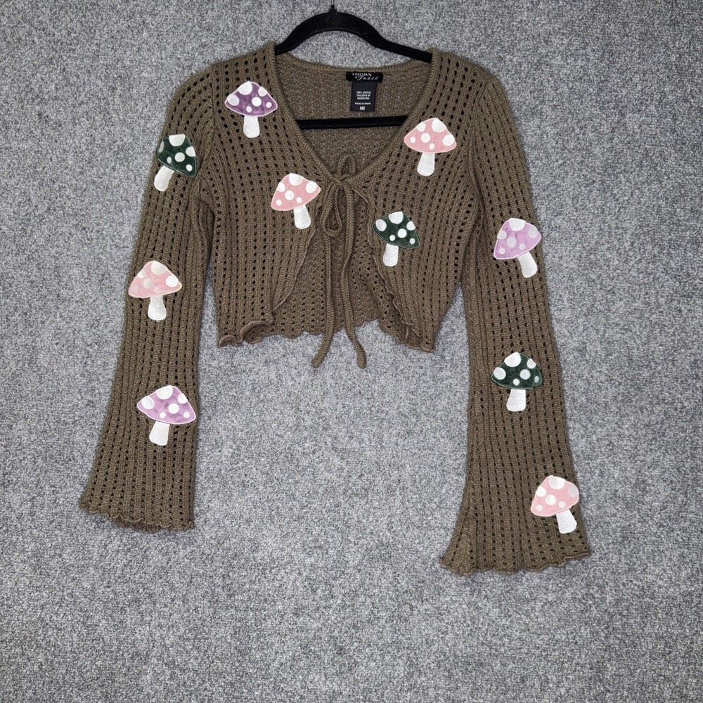 Thorn & Fable Mushroom Cropped Cardigan Tie Front Knit Sweater Y2K Fairycore M